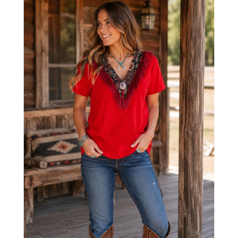 Joan & J Collection Tee Red Southwestern Fringe Concho Vintage USA Made OS L/XL